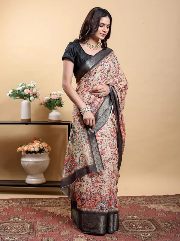 Women's_Linen_Cotton_Jacquard_Patta_Saree_with_Elegant_Weaving_Design_|_For_Traditional,_Festive_&_Wedding_|_Soft,_Breathable_&_Stylish_|_5.5m_Saree_+_0.8m_Blouse_Piece_(Beige_&_Black)