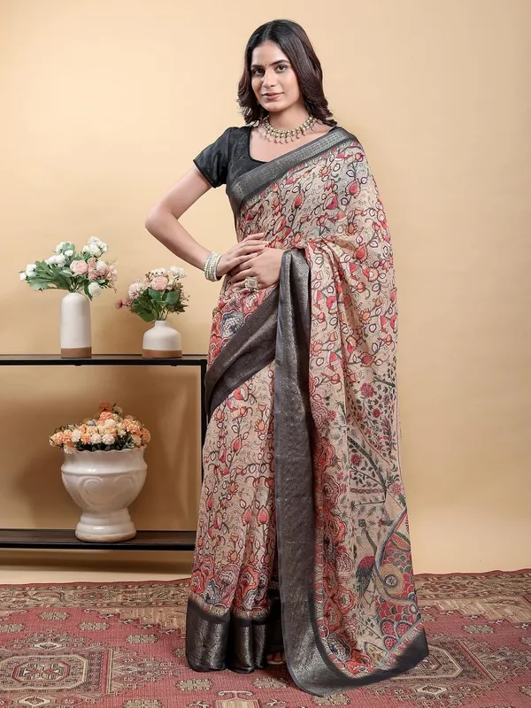 Women's_Linen_Cotton_Jacquard_Patta_Saree_with_Elegant_Weaving_Design_|_For_Traditional,_Festive_&_Wedding_|_Soft,_Breathable_&_Stylish_|_5.5m_Saree_+_0.8m_Blouse_Piece_(Beige_&_Black)