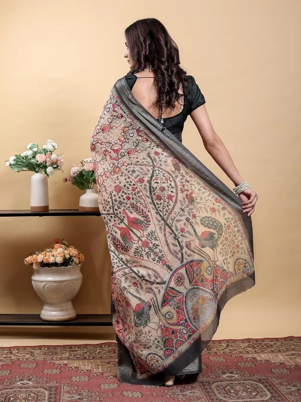Women's_Linen_Cotton_Jacquard_Patta_Saree_with_Elegant_Weaving_Design_|_For_Traditional,_Festive_&_Wedding_|_Soft,_Breathable_&_Stylish_|_5.5m_Saree_+_0.8m_Blouse_Piece_(Beige_&_Black)