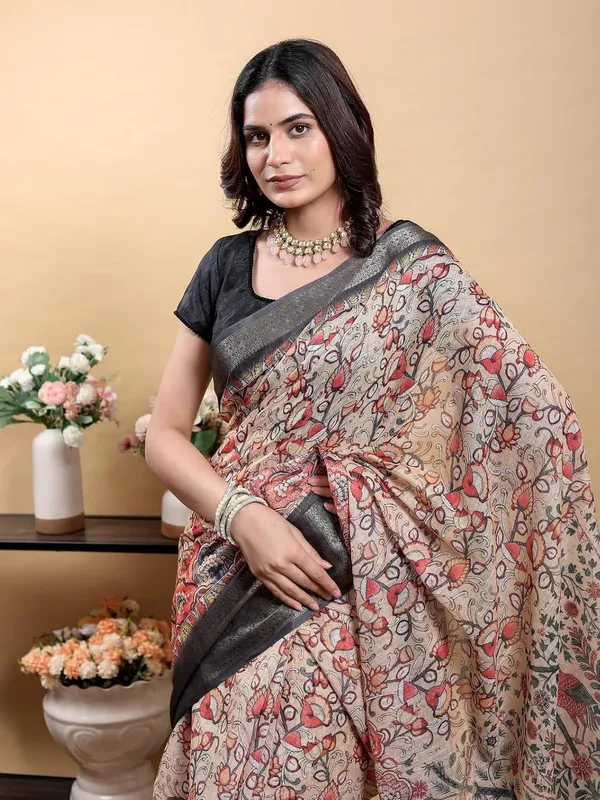 Women's_Linen_Cotton_Jacquard_Patta_Saree_with_Elegant_Weaving_Design_|_For_Traditional,_Festive_&_Wedding_|_Soft,_Breathable_&_Stylish_|_5.5m_Saree_+_0.8m_Blouse_Piece_(Beige_&_Black)
