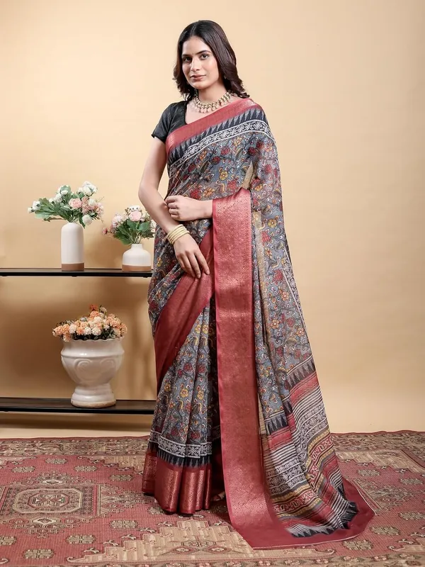 Women's_Linen_Cotton_Jacquard_Patta_Saree_with_Elegant_Weaving_Design_|_For_Traditional,_Festive_&_Wedding_|_Soft,_Breathable_&_Stylish_|_5.5m_Saree_+_0.8m_Blouse_Piece_(Grey_&_Maroon)