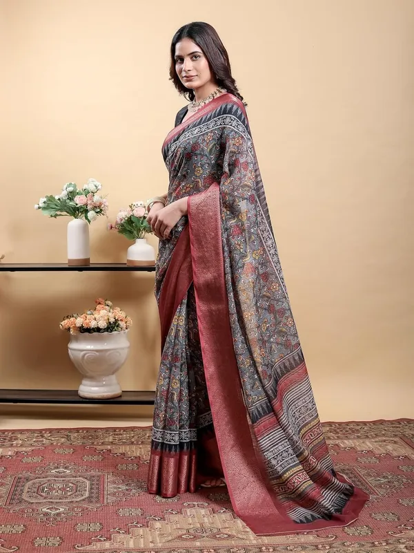Women's_Linen_Cotton_Jacquard_Patta_Saree_with_Elegant_Weaving_Design_|_For_Traditional,_Festive_&_Wedding_|_Soft,_Breathable_&_Stylish_|_5.5m_Saree_+_0.8m_Blouse_Piece_(Grey_&_Maroon)