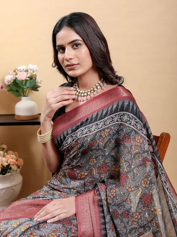 Women's_Linen_Cotton_Jacquard_Patta_Saree_with_Elegant_Weaving_Design_|_For_Traditional,_Festive_&_Wedding_|_Soft,_Breathable_&_Stylish_|_5.5m_Saree_+_0.8m_Blouse_Piece_(Grey_&_Maroon)