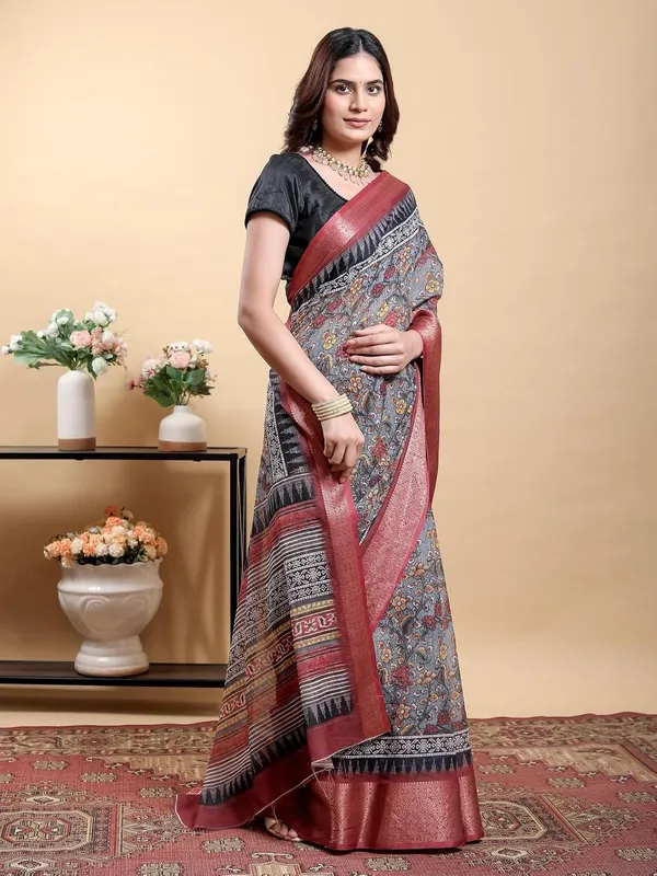 Women's_Linen_Cotton_Jacquard_Patta_Saree_with_Elegant_Weaving_Design_|_For_Traditional,_Festive_&_Wedding_|_Soft,_Breathable_&_Stylish_|_5.5m_Saree_+_0.8m_Blouse_Piece_(Grey_&_Maroon)