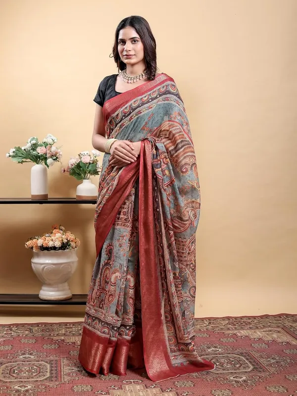 Women's_Linen_Cotton_Jacquard_Patta_Saree_with_Elegant_Weaving_Design_|_For_Traditional,_Festive_&_Wedding_|_Soft,_Breathable_&_Stylish_|_5.5m_Saree_+_0.8m_Blouse_Piece_(Grey_&_Red)