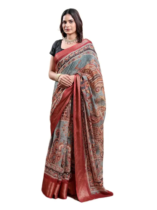Women's_Linen_Cotton_Jacquard_Patta_Saree_with_Elegant_Weaving_Design_|_For_Traditional,_Festive_&_Wedding_|_Soft,_Breathable_&_Stylish_|_5.5m_Saree_+_0.8m_Blouse_Piece_(Grey_&_Red)