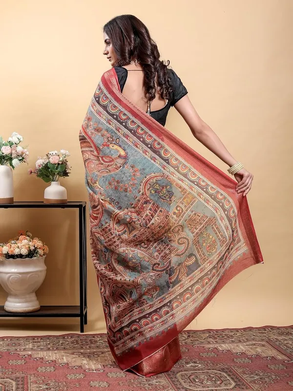 Women's_Linen_Cotton_Jacquard_Patta_Saree_with_Elegant_Weaving_Design_|_For_Traditional,_Festive_&_Wedding_|_Soft,_Breathable_&_Stylish_|_5.5m_Saree_+_0.8m_Blouse_Piece_(Grey_&_Red)