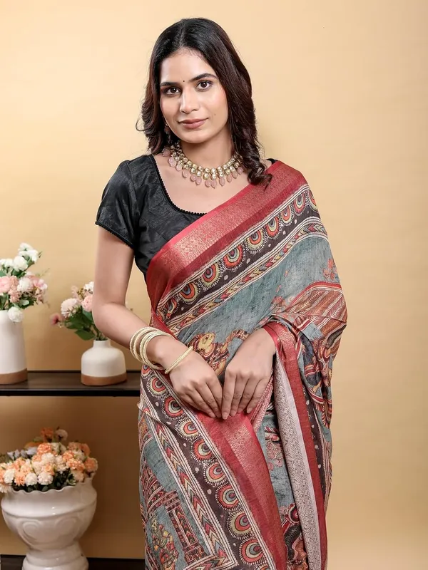 Women's_Linen_Cotton_Jacquard_Patta_Saree_with_Elegant_Weaving_Design_|_For_Traditional,_Festive_&_Wedding_|_Soft,_Breathable_&_Stylish_|_5.5m_Saree_+_0.8m_Blouse_Piece_(Grey_&_Red)