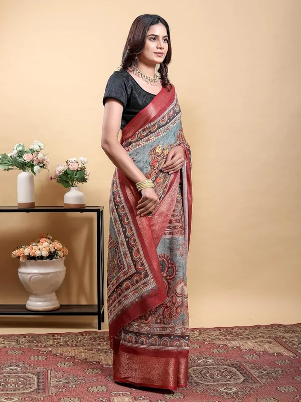 Women's_Linen_Cotton_Jacquard_Patta_Saree_with_Elegant_Weaving_Design_|_For_Traditional,_Festive_&_Wedding_|_Soft,_Breathable_&_Stylish_|_5.5m_Saree_+_0.8m_Blouse_Piece_(Grey_&_Red)