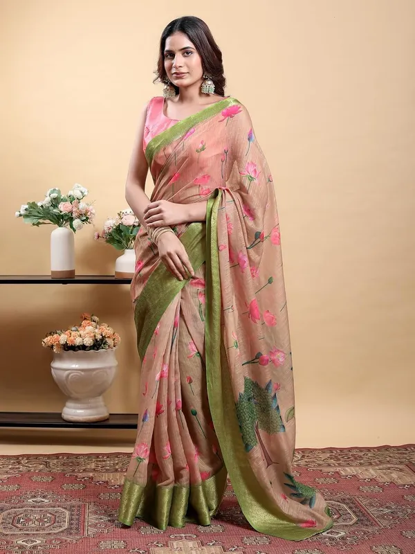 Women's_Linen_Cotton_Jacquard_Patta_Saree_with_Elegant_Weaving_Design_|_For_Traditional,_Festive_&_Wedding_|_Soft,_Breathable_&_Stylish_|_5.5m_Saree_+_0.8m_Blouse_Piece_(Peach_&_Green)