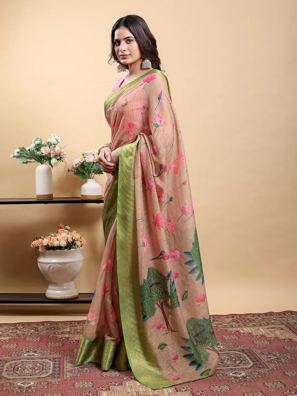 Women's_Linen_Cotton_Jacquard_Patta_Saree_with_Elegant_Weaving_Design_|_For_Traditional,_Festive_&_Wedding_|_Soft,_Breathable_&_Stylish_|_5.5m_Saree_+_0.8m_Blouse_Piece_(Peach_&_Green)