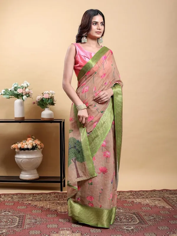 Women's_Linen_Cotton_Jacquard_Patta_Saree_with_Elegant_Weaving_Design_|_For_Traditional,_Festive_&_Wedding_|_Soft,_Breathable_&_Stylish_|_5.5m_Saree_+_0.8m_Blouse_Piece_(Peach_&_Green)