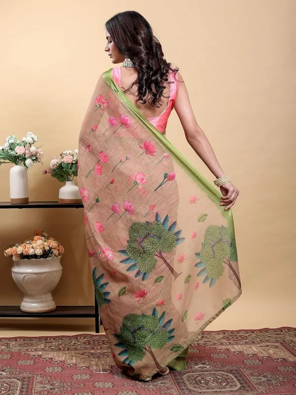 Women's_Linen_Cotton_Jacquard_Patta_Saree_with_Elegant_Weaving_Design_|_For_Traditional,_Festive_&_Wedding_|_Soft,_Breathable_&_Stylish_|_5.5m_Saree_+_0.8m_Blouse_Piece_(Peach_&_Green)
