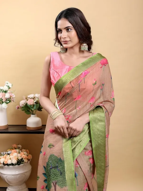 Women's_Linen_Cotton_Jacquard_Patta_Saree_with_Elegant_Weaving_Design_|_For_Traditional,_Festive_&_Wedding_|_Soft,_Breathable_&_Stylish_|_5.5m_Saree_+_0.8m_Blouse_Piece_(Peach_&_Green)