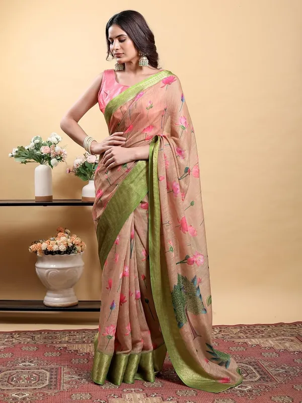 Women's_Linen_Cotton_Jacquard_Patta_Saree_with_Elegant_Weaving_Design_|_For_Traditional,_Festive_&_Wedding_|_Soft,_Breathable_&_Stylish_|_5.5m_Saree_+_0.8m_Blouse_Piece_(Peach_&_Green)