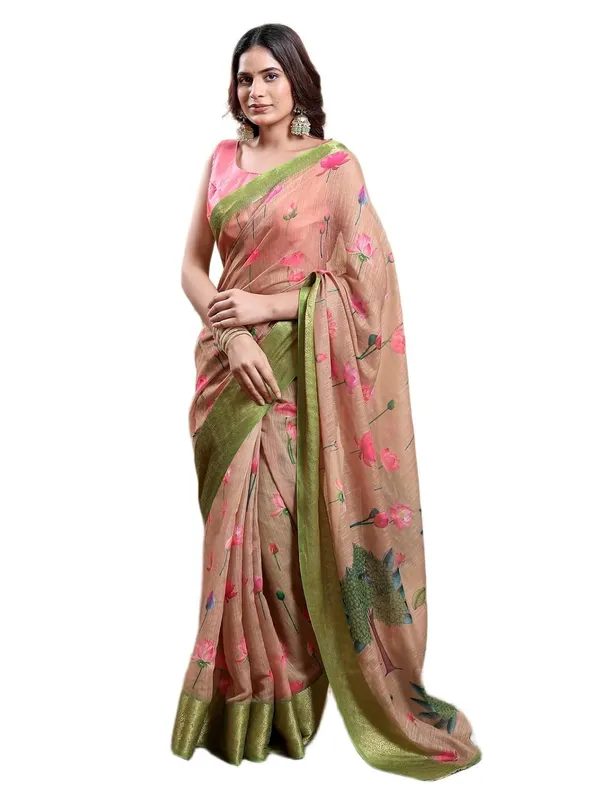 Women's_Linen_Cotton_Jacquard_Patta_Saree_with_Elegant_Weaving_Design_|_For_Traditional,_Festive_&_Wedding_|_Soft,_Breathable_&_Stylish_|_5.5m_Saree_+_0.8m_Blouse_Piece_(Peach_&_Green)
