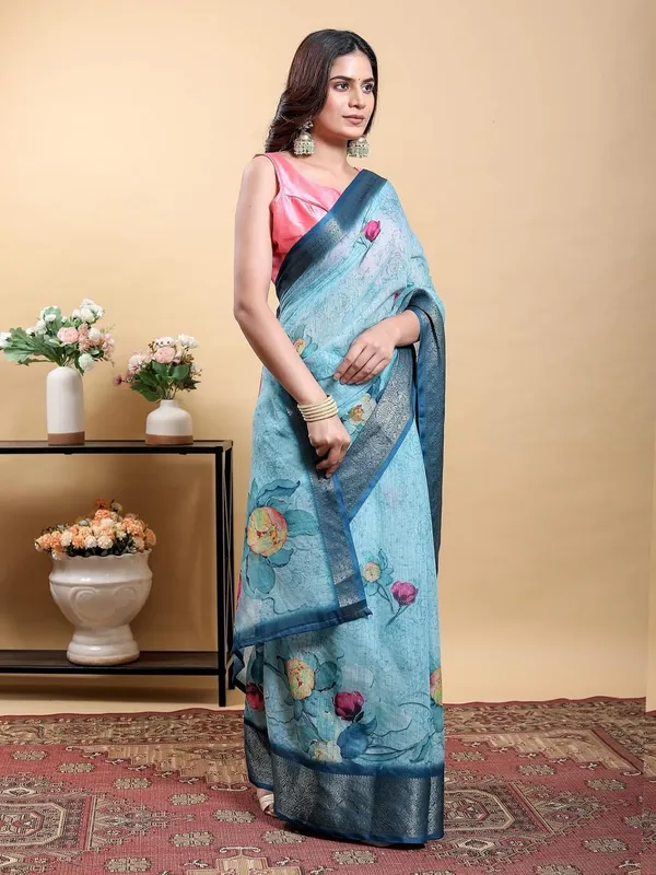 Women's_Linen_Cotton_Jacquard_Patta_Saree_with_Elegant_Weaving_Design_|_For_Traditional,_Festive_&_Wedding_|_Soft,_Breathable_&_Stylish_|_5.5m_Saree_+_0.8m_Blouse_Piece_(Sky_&_Navy)