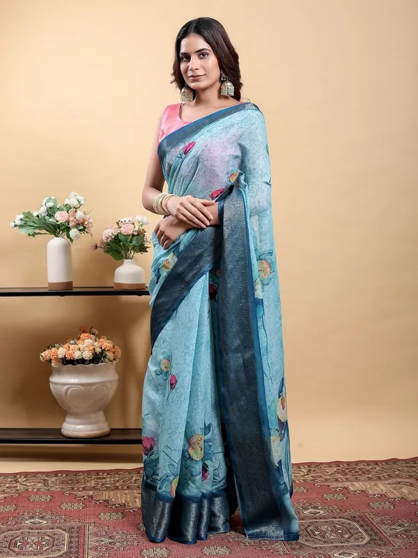 Women's_Linen_Cotton_Jacquard_Patta_Saree_with_Elegant_Weaving_Design_|_For_Traditional,_Festive_&_Wedding_|_Soft,_Breathable_&_Stylish_|_5.5m_Saree_+_0.8m_Blouse_Piece_(Sky_&_Navy)