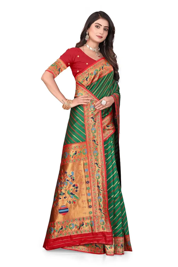 Pure_Silk_Paithani_Saree_with_Rich_Zari_Tree_&_Peacock_Motifs_|_For_Traditional_Wedding_&_Festivals_|_5.5m_Saree_+_0.8m_Blouse_(Dark_Green_&_Red)