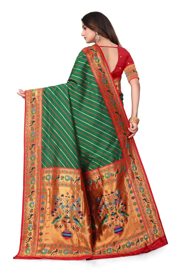 Pure_Silk_Paithani_Saree_with_Rich_Zari_Tree_&_Peacock_Motifs_|_For_Traditional_Wedding_&_Festivals_|_5.5m_Saree_+_0.8m_Blouse_(Dark_Green_&_Red)
