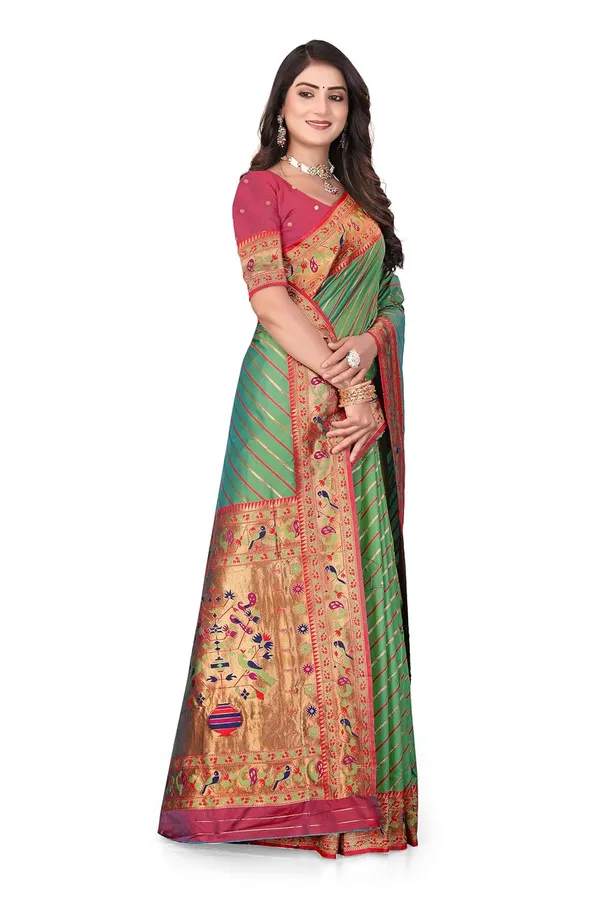 Pure_Silk_Paithani_Saree_with_Rich_Zari_Tree_&_Peacock_Motifs_|_For_Traditional_Wedding_&_Festivals_|_5.5m_Saree_+_0.8m_Blouse_(Light_Green_&_Red)
