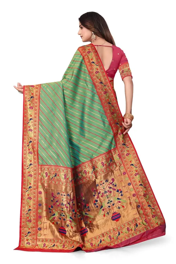 Pure_Silk_Paithani_Saree_with_Rich_Zari_Tree_&_Peacock_Motifs_|_For_Traditional_Wedding_&_Festivals_|_5.5m_Saree_+_0.8m_Blouse_(Light_Green_&_Red)