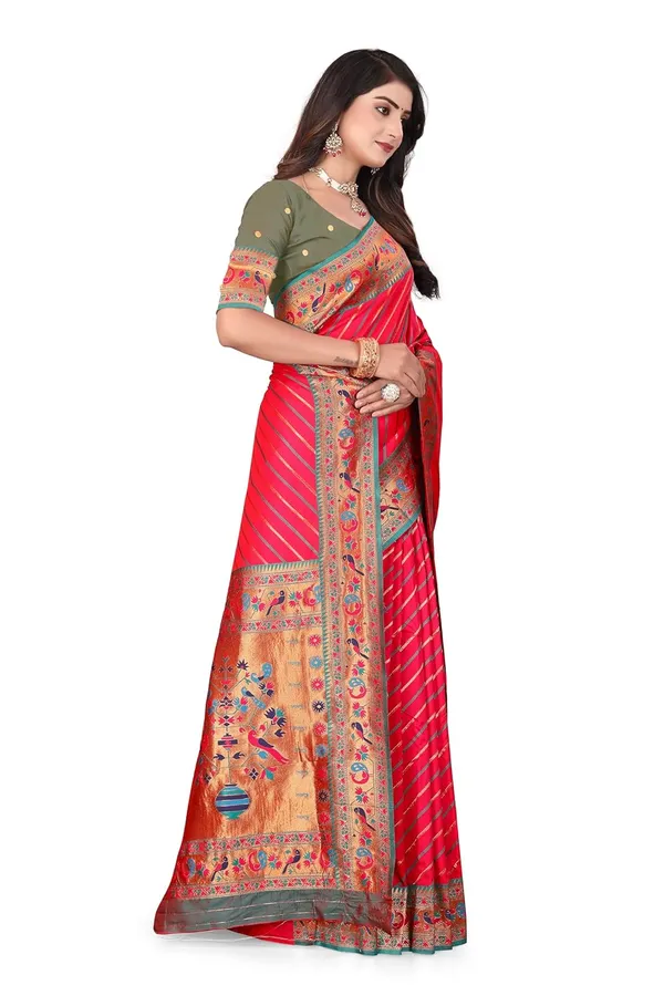 Pure_Silk_Paithani_Saree_with_Rich_Zari_Tree_&_Peacock_Motifs_|_For_Traditional_Wedding_&_Festivals_|_5.5m_Saree_+_0.8m_Blouse_(Bright_Red_&_Green)