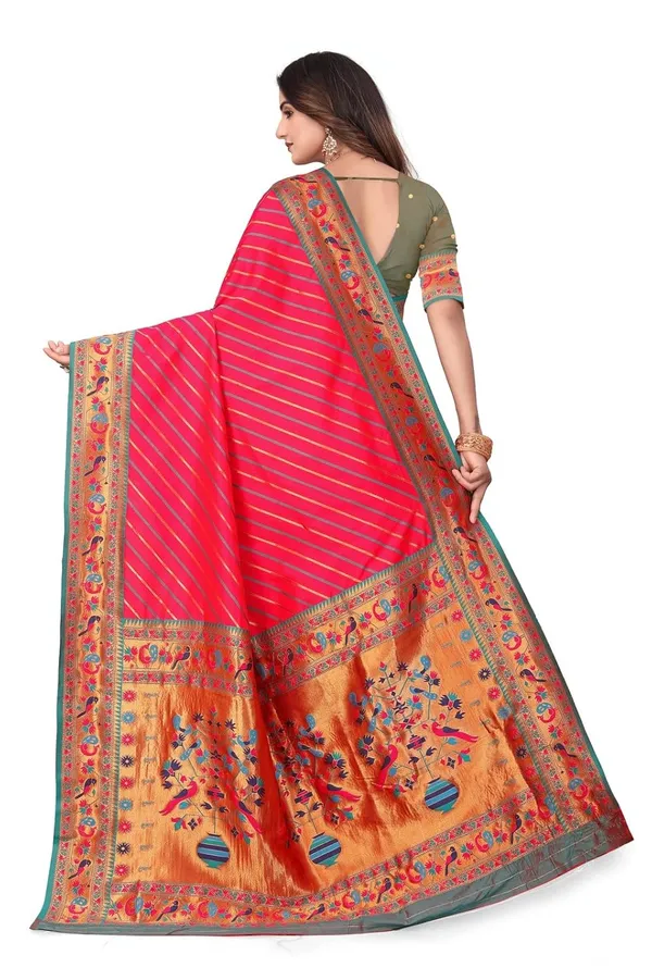 Pure_Silk_Paithani_Saree_with_Rich_Zari_Tree_&_Peacock_Motifs_|_For_Traditional_Wedding_&_Festivals_|_5.5m_Saree_+_0.8m_Blouse_(Bright_Red_&_Green)