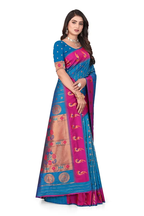 Pure_Silk_Paithani_Saree_with_Rich_Zari_Woven_Border_&_Peacock_Motifs_|_For_Traditional_Wedding_&_Festivals_|_5.5m_Saree_+_0.8m_Blouse_(Sky_Blue_&_Red)