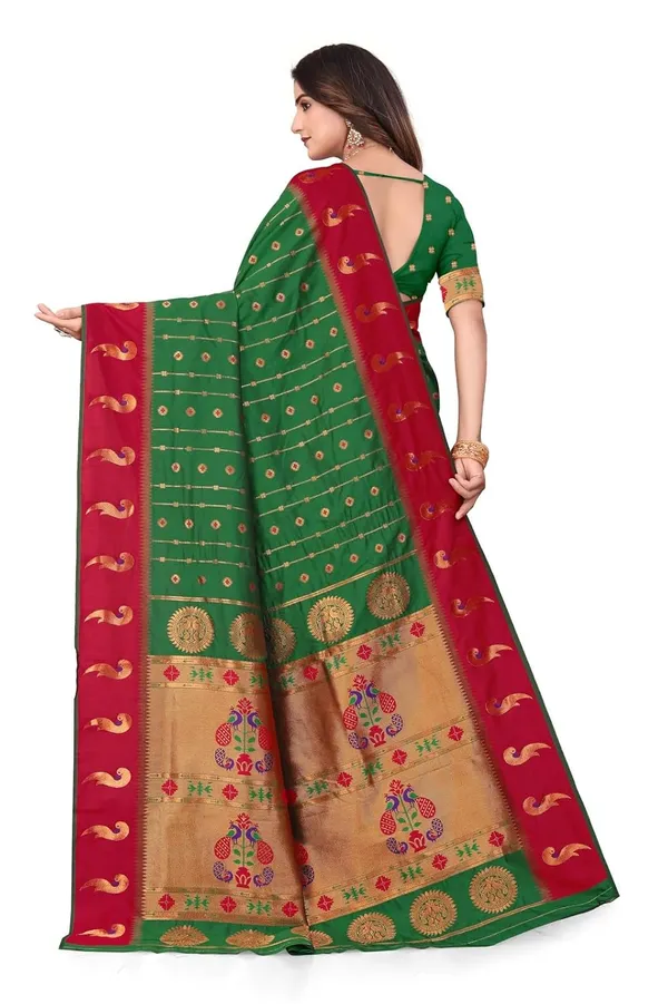 Pure_Silk_Paithani_Saree_with_Rich_Zari_Woven_Border_&_Peacock_Motifs_|_For_Traditional_Wedding_&_Festivals_|_5.5m_Saree_+_0.8m_Blouse_(Deep_Green_&_Red)