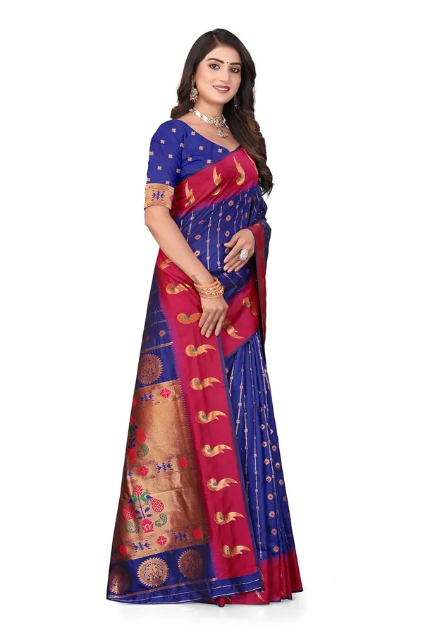 Pure_Silk_Paithani_Saree_with_Rich_Zari_Woven_Border_&_Peacock_Motifs_|_For_Traditional_Wedding_&_Festivals_|_5.5m_Saree_+_0.8m_Blouse_(Royal_Blue_&_Maroon)
