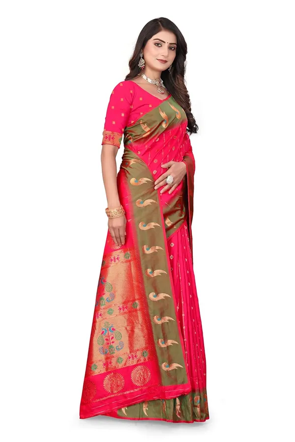 Pure_Silk_Paithani_Saree_with_Rich_Zari_Woven_Border_&_Peacock_Motifs_|_For_Traditional_Wedding_&_Festivals_|_5.5m_Saree_+_0.8m_Blouse_(Rani_Pink_&_Emerald)