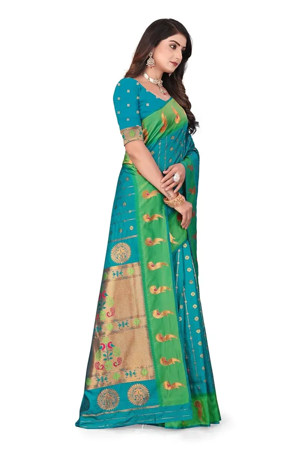 Pure_Silk_Paithani_Saree_with_Rich_Zari_Woven_Border_&_Peacock_Motifs_|_For_Traditional_Wedding_&_Festivals_|_5.5m_Saree_+_0.8m_Blouse_(Teal_Blue_&_Green)
