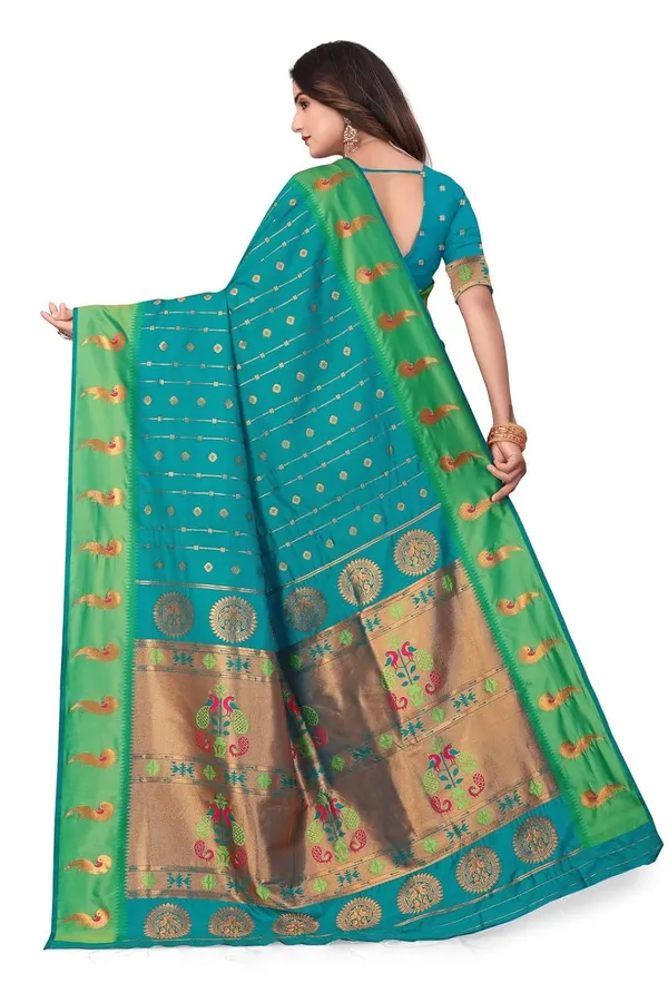 Pure_Silk_Paithani_Saree_with_Rich_Zari_Woven_Border_&_Peacock_Motifs_|_For_Traditional_Wedding_&_Festivals_|_5.5m_Saree_+_0.8m_Blouse_(Teal_Blue_&_Green)