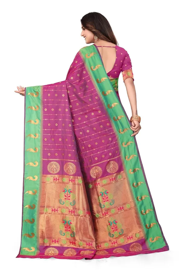 Pure_Silk_Paithani_Saree_with_Rich_Zari_Woven_Border_&_Peacock_Motifs_|_For_Traditional_Wedding_&_Festivals_|_5.5m_Saree_+_0.8m_Blouse_(Lavender_&_Green)
