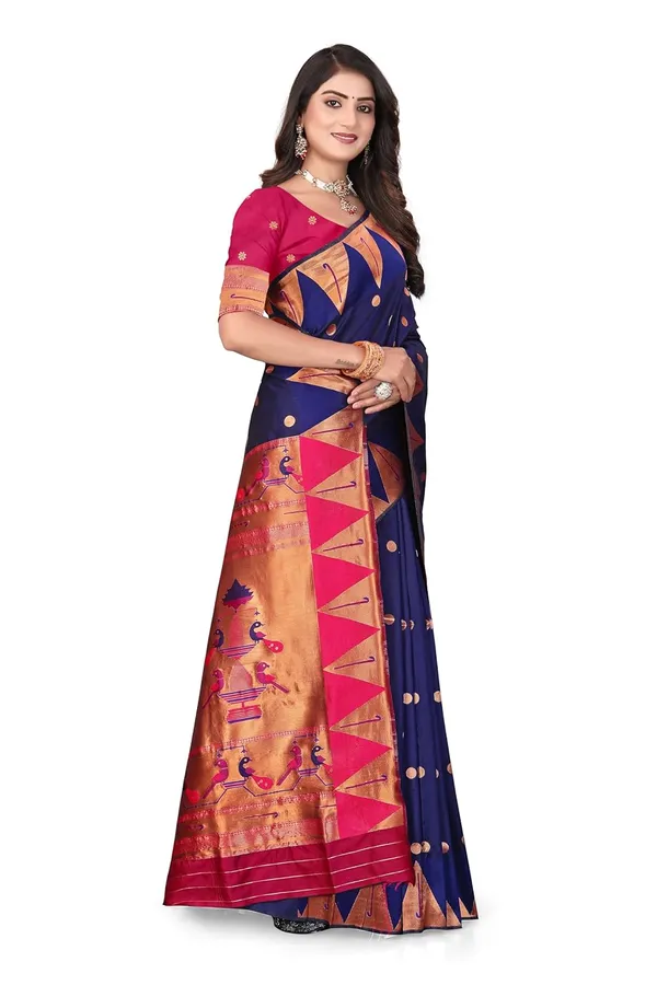 Pure_Silk_Paithani_Saree_with_Rich_Zari_Woven_Border_&_Peacock_Motifs_|_For_Traditional_Wedding_&_Festivals_|_5.5m_Saree_+_0.8m_Blouse_(Navy_Blue_&_Rani_Pink)