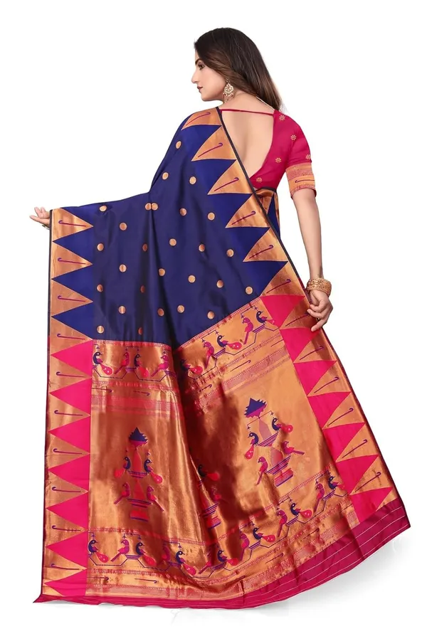 Pure_Silk_Paithani_Saree_with_Rich_Zari_Woven_Border_&_Peacock_Motifs_|_For_Traditional_Wedding_&_Festivals_|_5.5m_Saree_+_0.8m_Blouse_(Navy_Blue_&_Rani_Pink)