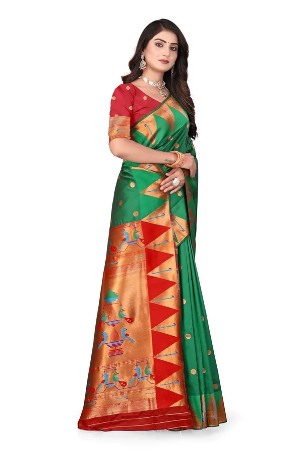 Pure_Silk_Paithani_Saree_with_Rich_Zari_Woven_Border_&_Peacock_Motifs_|_For_Traditional_Wedding_&_Festivals_|_5.5m_Saree_+_0.8m_Blouse_(Leaf_Green_&_Red)