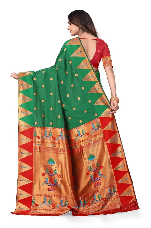 Pure_Silk_Paithani_Saree_with_Rich_Zari_Woven_Border_&_Peacock_Motifs_|_For_Traditional_Wedding_&_Festivals_|_5.5m_Saree_+_0.8m_Blouse_(Leaf_Green_&_Red)