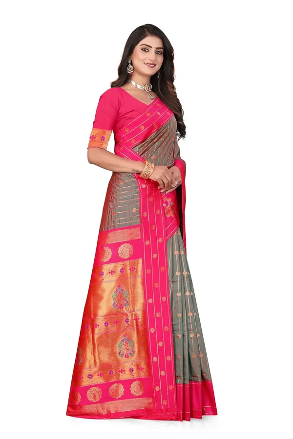 Pure_Silk_Paithani_Saree_with_Rich_Zari_Woven_Border_&_Peacock_Motifs_|_For_Traditional_Wedding_&_Festivals_|_5.5m_Saree_+_0.8m_Blouse_(Reddish_Grey_&_Pink)