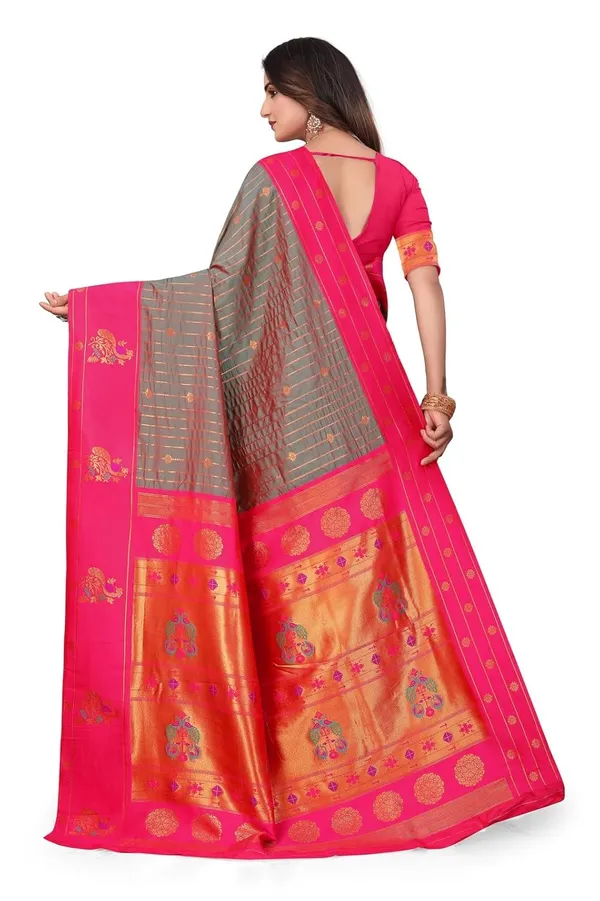 Pure_Silk_Paithani_Saree_with_Rich_Zari_Woven_Border_&_Peacock_Motifs_|_For_Traditional_Wedding_&_Festivals_|_5.5m_Saree_+_0.8m_Blouse_(Reddish_Grey_&_Pink)