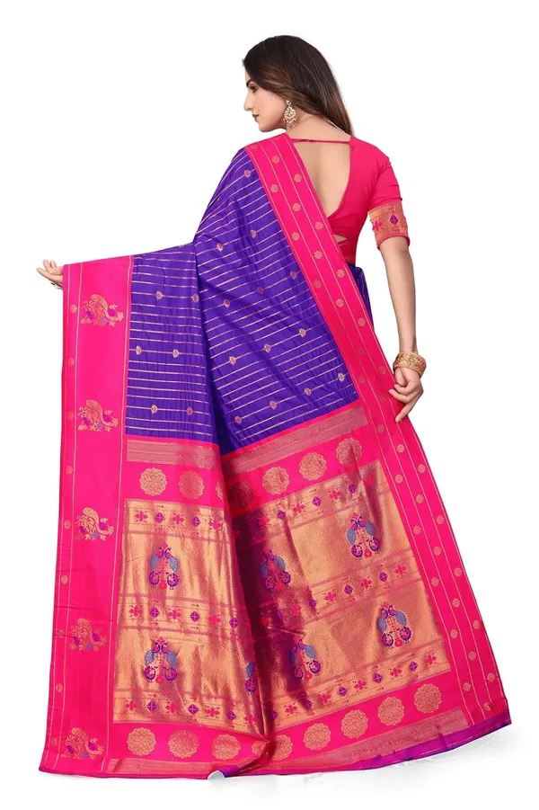Pure_Silk_Paithani_Saree_with_Rich_Zari_Woven_Border_&_Peacock_Motifs_|_For_Traditional_Wedding_&_Festivals_|_5.5m_Saree_+_0.8m_Blouse_(Violet_Blue_&_Pink)