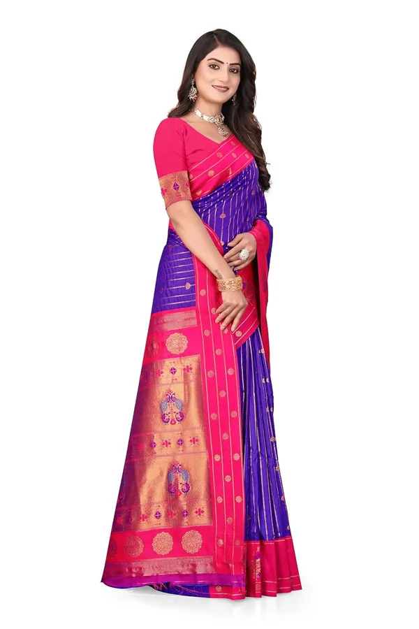 Pure_Silk_Paithani_Saree_with_Rich_Zari_Woven_Border_&_Peacock_Motifs_|_For_Traditional_Wedding_&_Festivals_|_5.5m_Saree_+_0.8m_Blouse_(Violet_Blue_&_Pink)