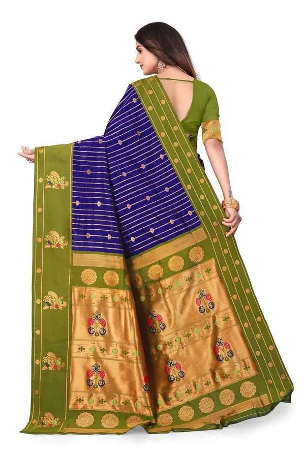 Pure_Silk_Paithani_Saree_with_Rich_Zari_Woven_Border_&_Peacock_Motifs_|_For_Traditional_Wedding_&_Festivals_|_5.5m_Saree_+_0.8m_Blouse_(Navy_Blue_&_Mehndi_Green)
