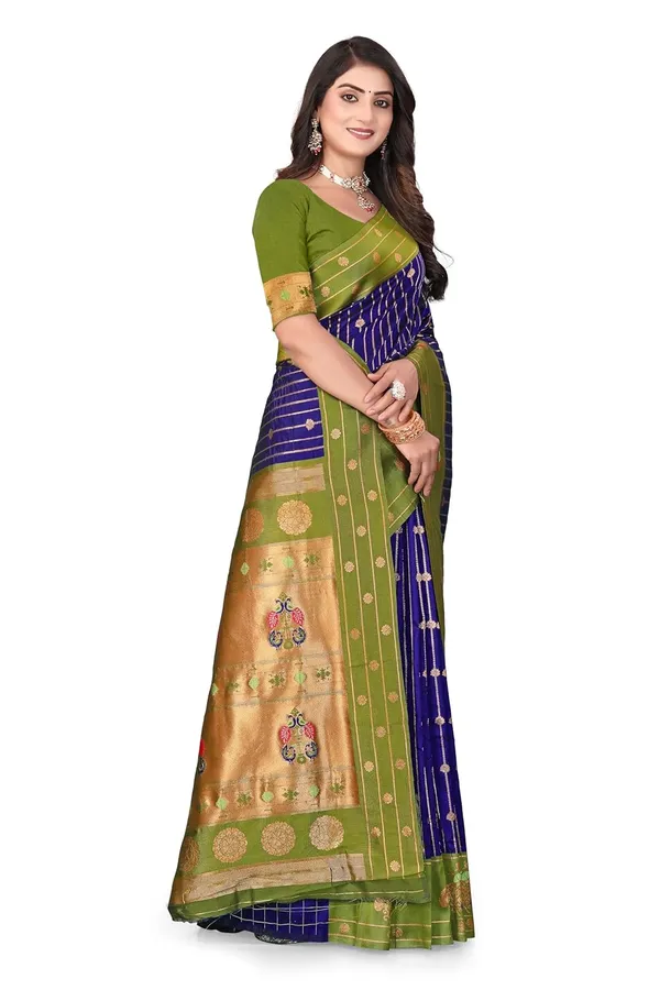 Pure_Silk_Paithani_Saree_with_Rich_Zari_Woven_Border_&_Peacock_Motifs_|_For_Traditional_Wedding_&_Festivals_|_5.5m_Saree_+_0.8m_Blouse_(Navy_Blue_&_Mehndi_Green)