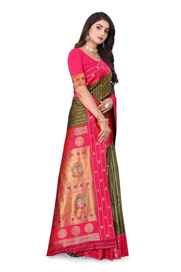 Pure_Silk_Paithani_Saree_with_Rich_Zari_Woven_Border_&_Peacock_Motifs_|_For_Traditional_Wedding_&_Festivals_|_5.5m_Saree_+_0.8m_Blouse_(Mehndi_Green_&_Pink)