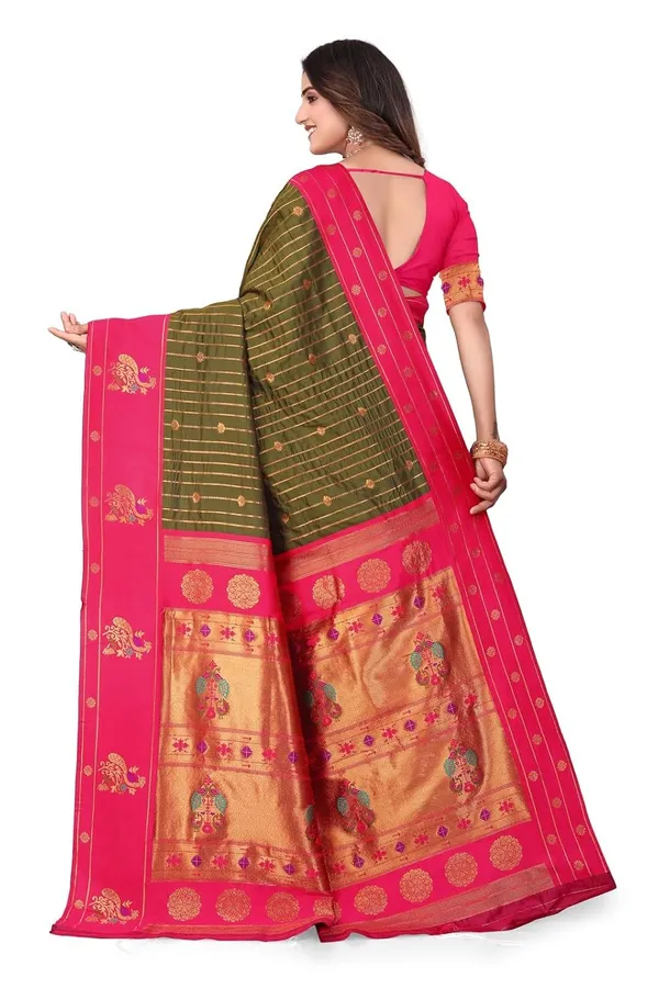 Pure_Silk_Paithani_Saree_with_Rich_Zari_Woven_Border_&_Peacock_Motifs_|_For_Traditional_Wedding_&_Festivals_|_5.5m_Saree_+_0.8m_Blouse_(Mehndi_Green_&_Pink)