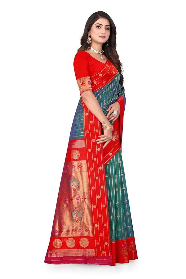 Pure_Silk_Paithani_Saree_with_Rich_Zari_Woven_Border_&_Peacock_Motifs_|_For_Traditional_Wedding_&_Festivals_|_5.5m_Saree_+_0.8m_Blouse_(Jade_Blue_&_Ruby_Red)