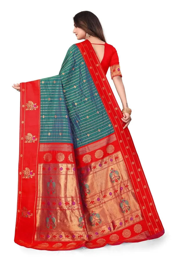 Pure_Silk_Paithani_Saree_with_Rich_Zari_Woven_Border_&_Peacock_Motifs_|_For_Traditional_Wedding_&_Festivals_|_5.5m_Saree_+_0.8m_Blouse_(Jade_Blue_&_Ruby_Red)