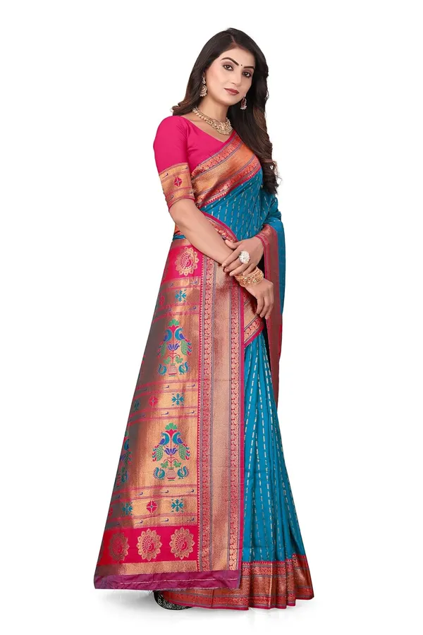 Pure_Silk_Paithani_Saree_with_Rich_Zari_Woven_Border_&_Peacock_Motifs_|_For_Traditional_Wedding_&_Festivals_|_5.5m_Saree_+_0.8m_Blouse_(Peacock_Blue_&_Pink)